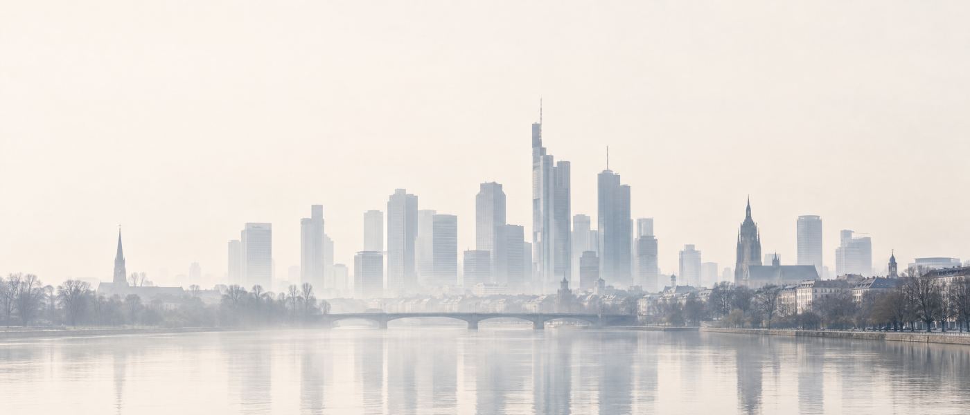 Skyline von Frankfurt am Main im hellen Morgennebel