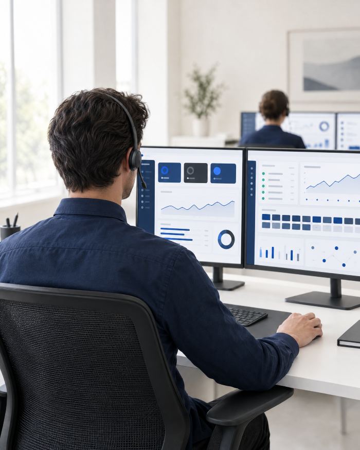 IT-Operations-Engineer mit Headset überwacht Systeme an zwei Monitoren in einem hellen Betriebsraum