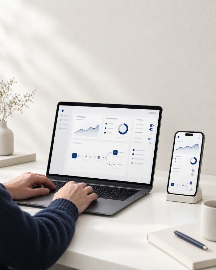 Laptop und Smartphone zeigen dieselbe moderne Software-Anwendung mit Automatisierungs-Workflow