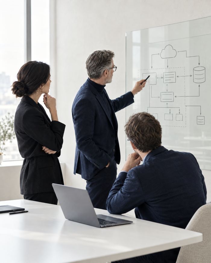 Drei erfahrene IT-Spezialisten besprechen eine Systemarchitektur an einer Glaswand